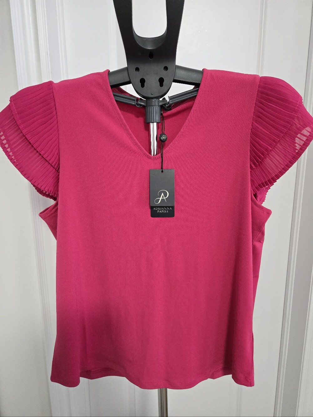 Adrianna Papell Fuchsia Pleated Flutter Sleeve V-Neck Top